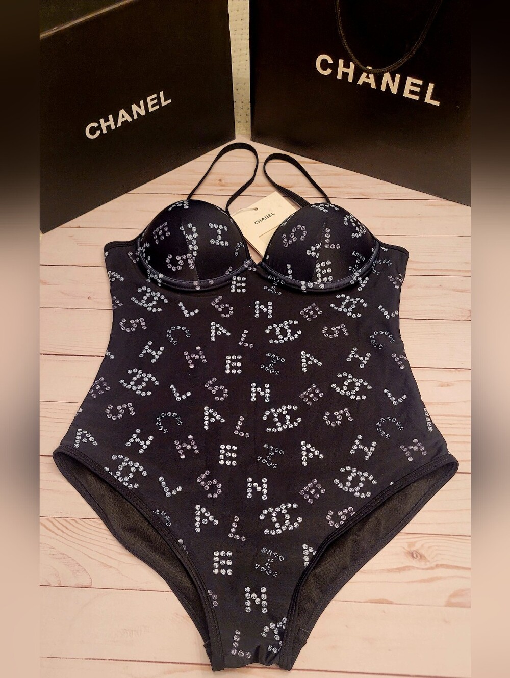 🇫🇷 CHANEL Black Crystal-Logo🩱 One-Piece Swimsuit✨️